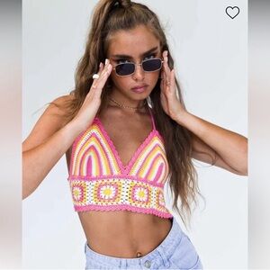 Princess Polly Daisy Girl Crochet Cropped Halter Top Pink Yellow S/M Festival